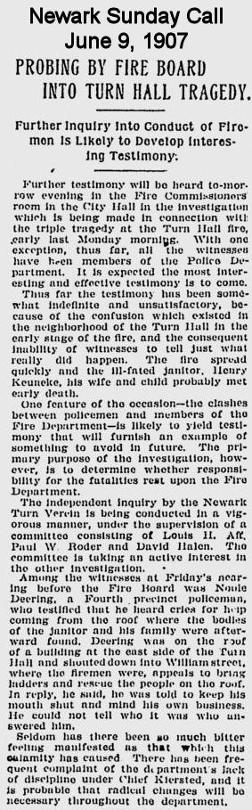 Probing by Fire Board into Turn Hall Tragedy
June 9, 1907
