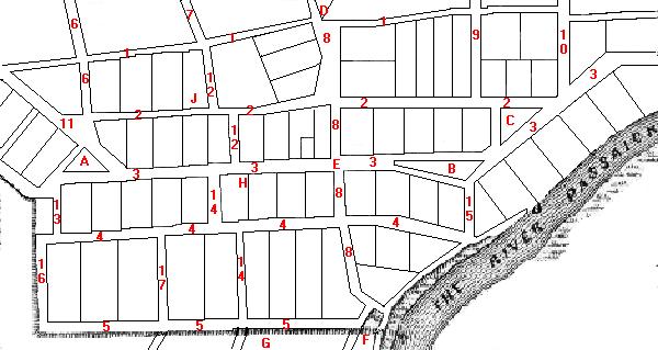 1666
Streets and Areas as Known Today
STREETS
1. High Street
2. Washington Street
3. Broad Street
4. Mulberry Street
5. McCarter Highway
6. Spruce Street
7. 15th Avenue (?)
8. Market Street
9. Central Avenue (?)
10. Orange Street
11. Clinton Avenue
12. Court Street (?)
13. Tichenor Street
14. Walnut Street
15. Centre Street
16. South Street (?)
17. Mulberry Place (?)

AREAS
A. Lincoln Park
B. Military Park
C. Washington Park
D. County Court House
E. The Four Corners
F. Penn. Station
G. Ironbound or Down Neck Section
H. City Hall
J. Star Ledger
