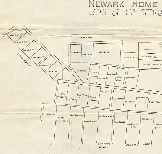 1670 Newark, lot's of the first settlers. (partial map)
