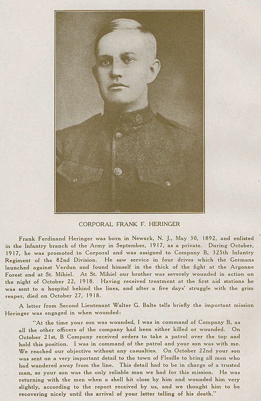 Heringer, Corporal Frank F.
From "World War Veterans of the Phi Epsilon Club" 
1919  
