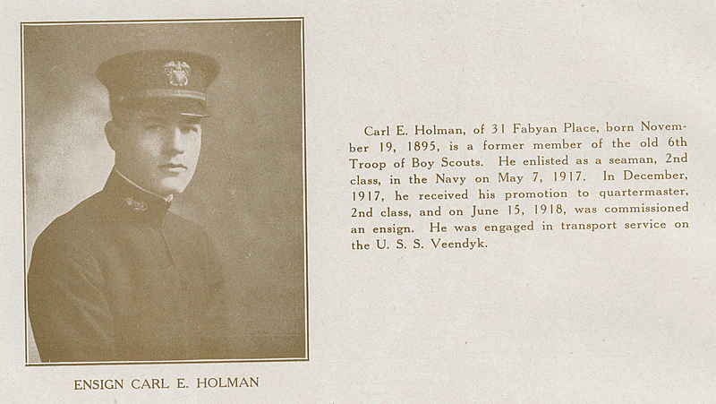 Holman, Ensign Carl E.
From "World War Veterans of the Phi Epsilon Club" 
1919  
