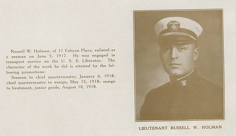 Holman, Lieutenant Russell W.
From "World War Veterans of the Phi Epsilon Club" 
1919  
