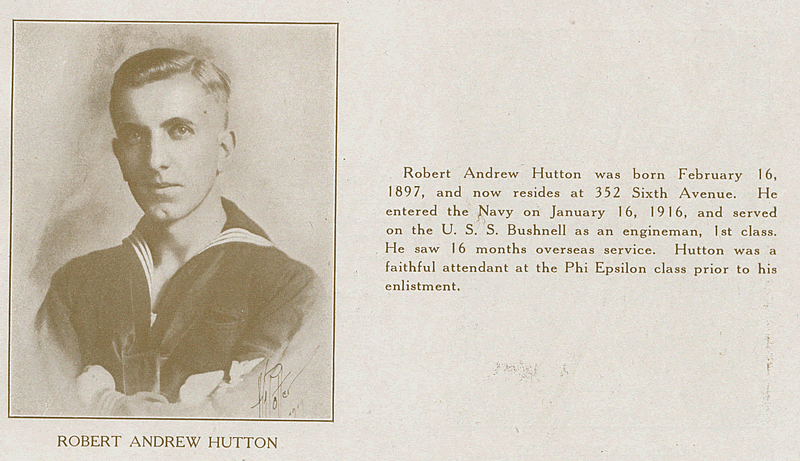 Hutton, Robert Andrew
From "World War Veterans of the Phi Epsilon Club" 
1919  

