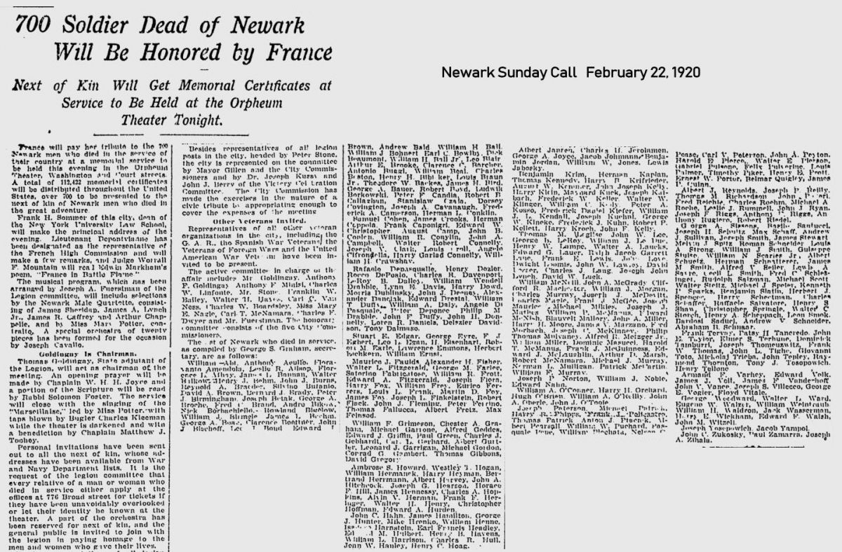700 Soldier Dead of Newark Will be Honored by France
February 22, 1920
