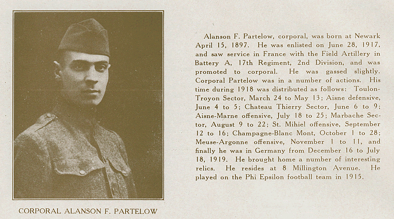 Partelow, Corporal Alanson F.
From "World War Veterans of the Phi Epsilon Club" 
1919  
