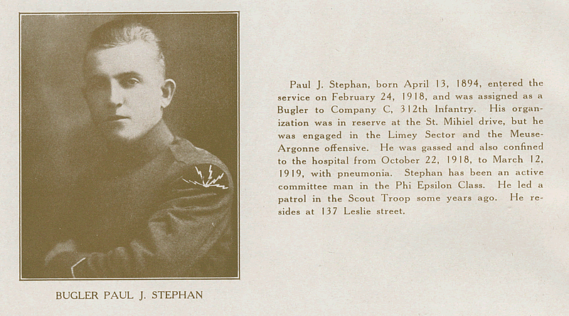 Stephan, Bugler Paul J.
From "World War Veterans of the Phi Epsilon Club" 
1919  
