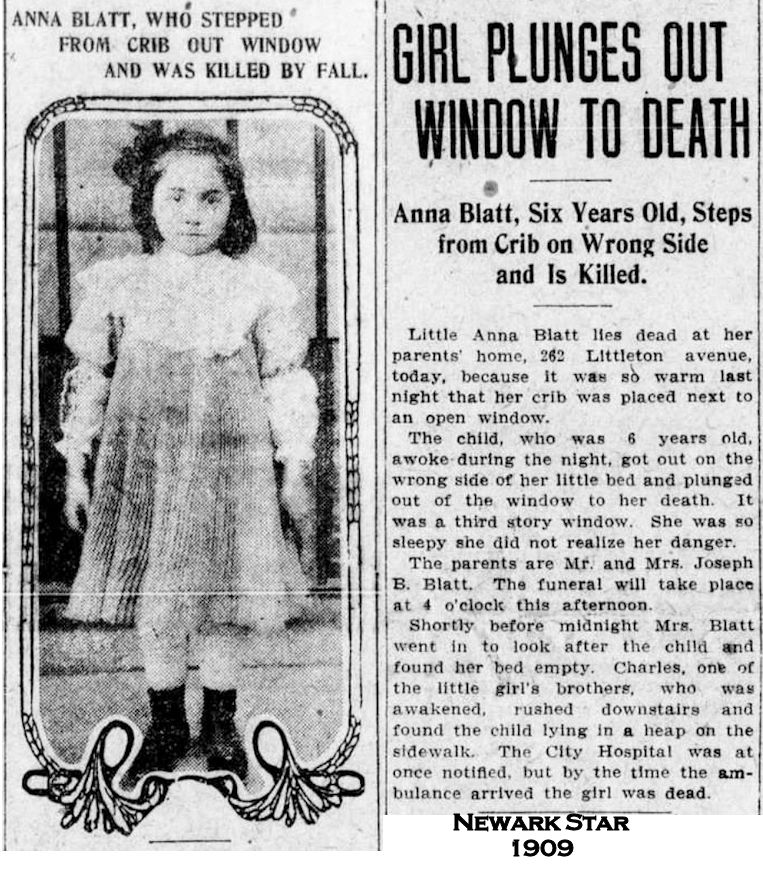 Blatt, Anna
Girl Plunges out Window to Death
Newark Star 1909
