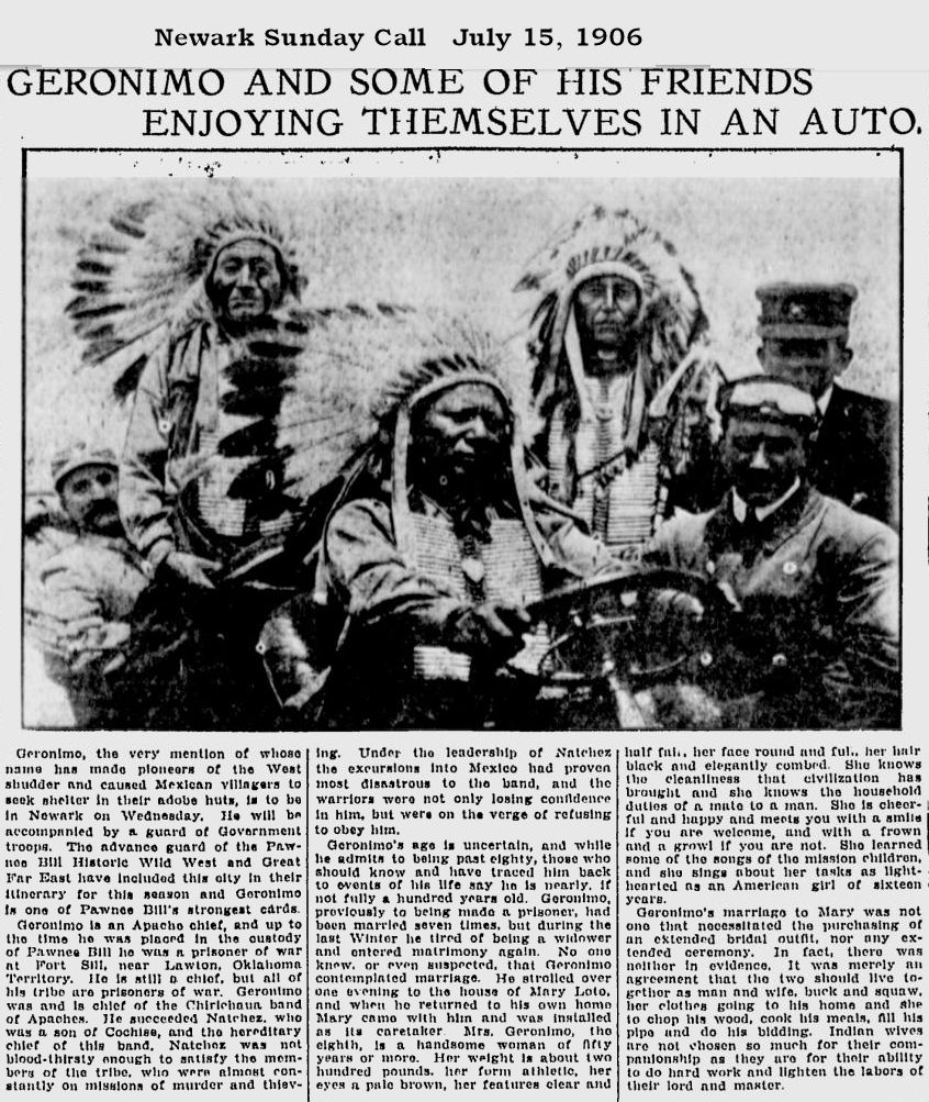 Geronimo and Some of his Friends Enjoying Themselves in an Auto
July 15, 1906
Newark Sunday Call
