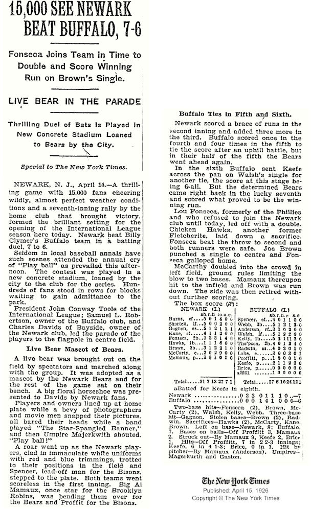 19260415 - 15,000 See Newark Beat Buffalo, 7-6 (Live Bear in the Parade)
April 15, 1926
The New York Times
