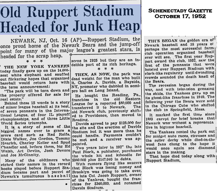 19521017 - Old Ruppert Stadium Headed for Junk Heap
October 17, 1952
Schenectady Gazette
