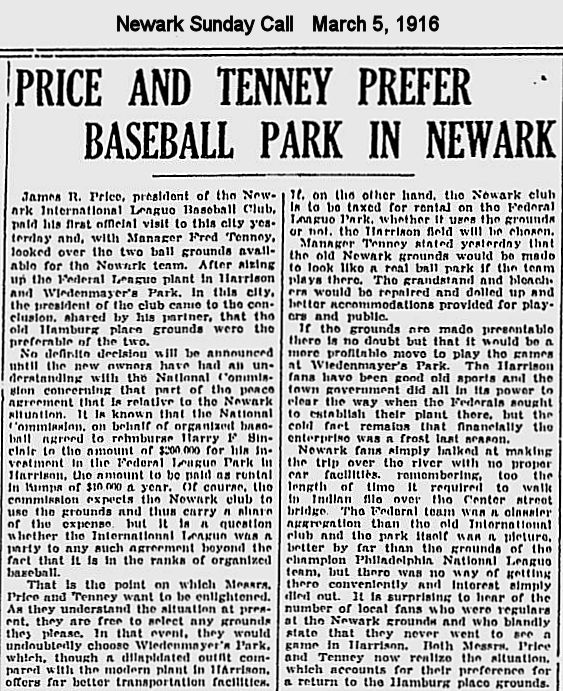 Price & Tenney Prefer Baseball Park in Newark
1916
