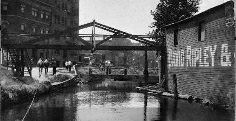 The Morris Canal passing by the Ripley & Sons Lumber Company at Market Street & S. Canal Street (Raymond Blvd). Approximately where the Horizon BC/BS Building now stands.
William F. Cone photo
