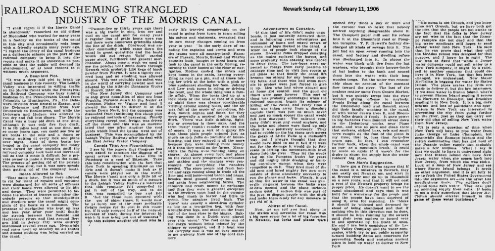 Railroad Scheming Strangled Industry of the Morris Canal
Click to enlarge to a readable size.
Newark Sunday Call   February 11, 1906
