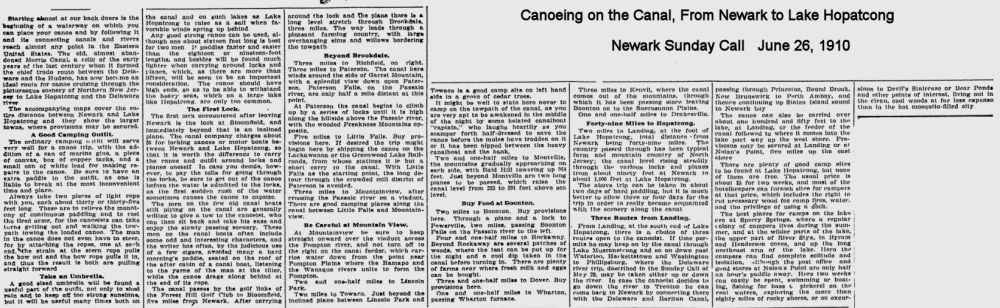 Canoeing on the Canal, From Newark to Lake Hopatcong
June 26, 1910
(click article to enlarge)
