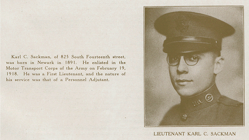 Sackman, Lieutenant Karl C.
From "World War Veterans of the Phi Epsilon Club" 
1919  
