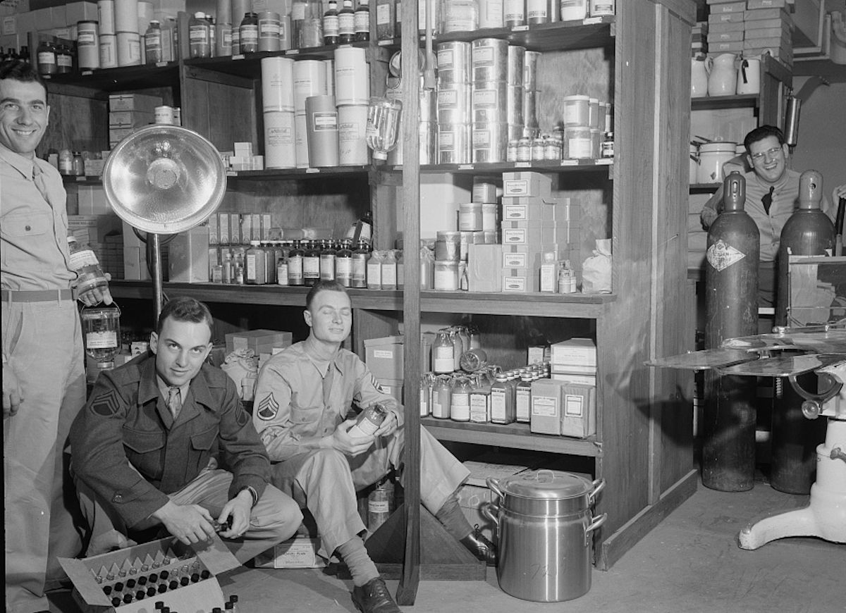 Baron, Fred 
"Melbourne, Australia. United States Army hospital. Left to right - Sargeant Alfred Baron, Newark, New Jersey; Staff Sargeant J. N. Sproule, Troy, New York; Staff Sargeant James R. Barbee, Springhope, North Carolina; Private Paul Greene, New York City, in medical store room
1943 - Library of Congress"

