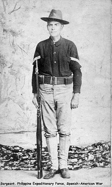 Betschick, August E.
"August E. Betschick - Sargeant, Philippine Expeditionary Force, Spanish American War.
Served in Company D, 13th Regiment, US Infantry, in San Jacinto, Luzon, Philippine Islands. 
Photo from Raymond J. Zantarski, Jr."

