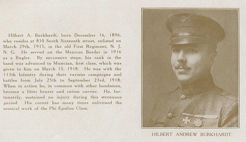 Burkhardt, Hilbert Andrew
From World War Veterans of the Phi Epsilon Club, 1919
