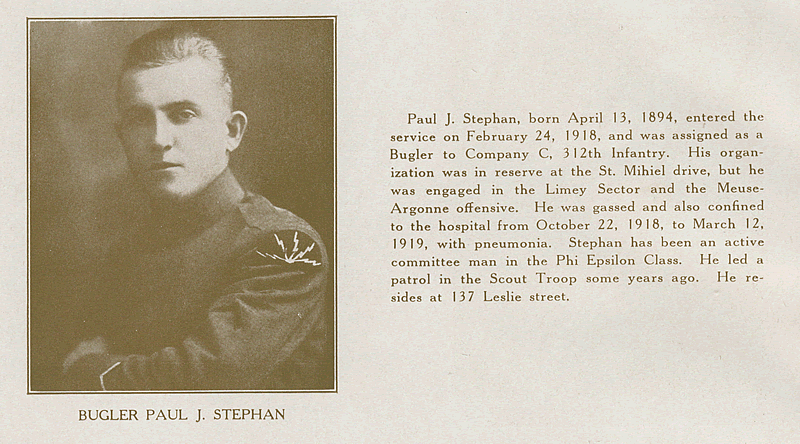 Stephan, Bugler Paul J.
From "World War Veterans of the Phi Epsilon Club"
