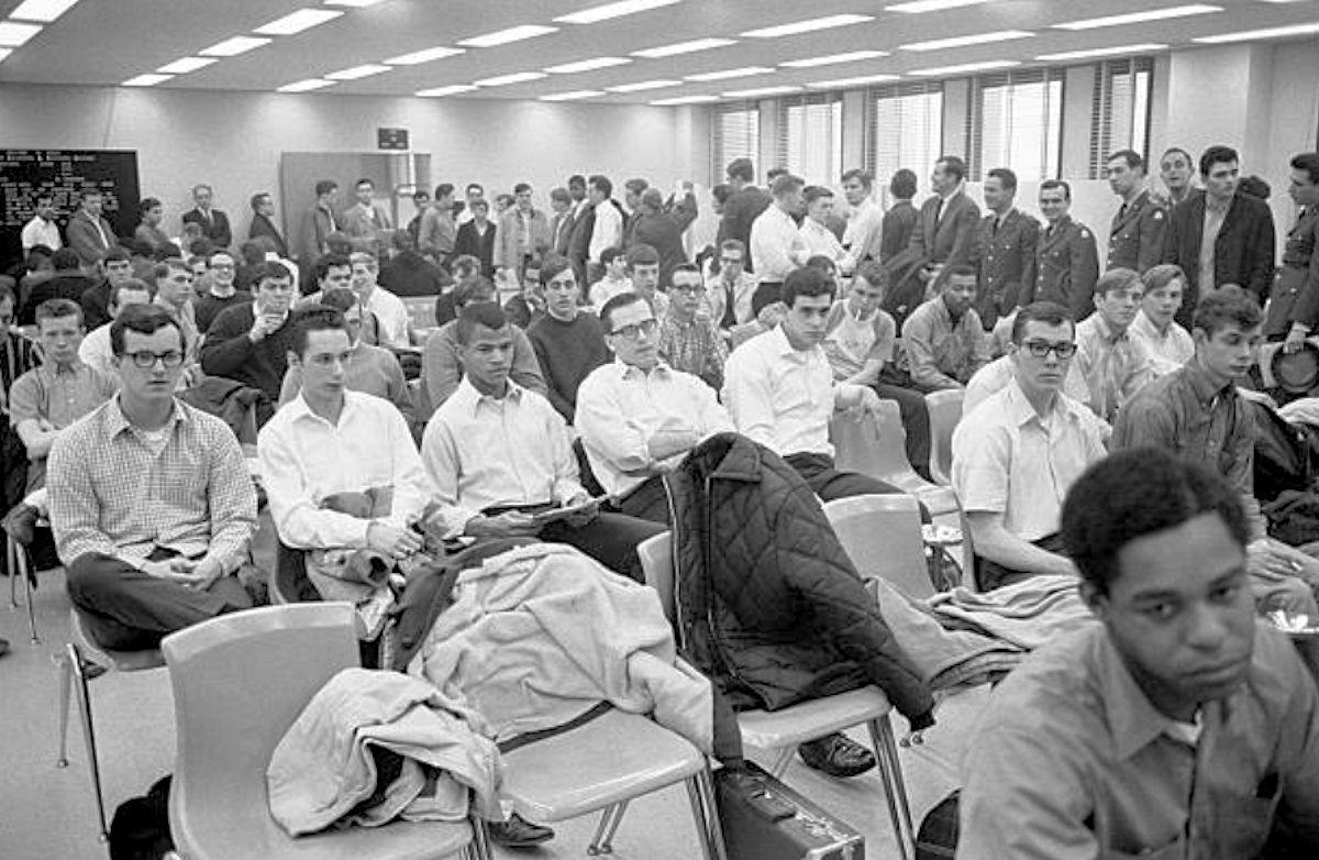 Draftees
"3/16/1968 Draftees jam the Federal Building in Newark waiting to be tested and processed -- the last step in the separation from civilian life.

Photo from Bettmann"

