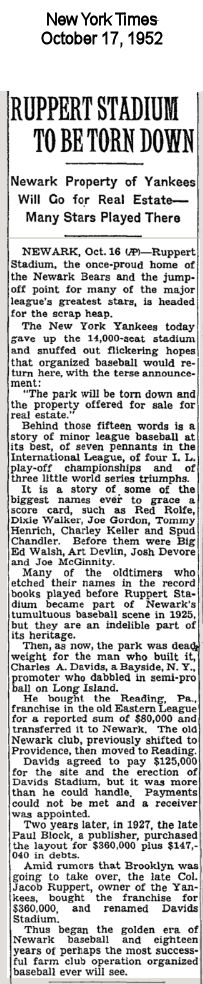 19521017 - Ruppert Stadium to be Torn Down
October 17,1952
The New York Times
